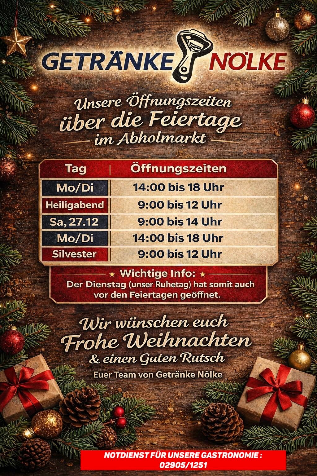 Öffnungszeiten Getränke Nölke Weihnachten/Silvester 2025